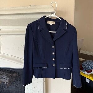 St. John collection navy blue knit blazer gold button classic old money